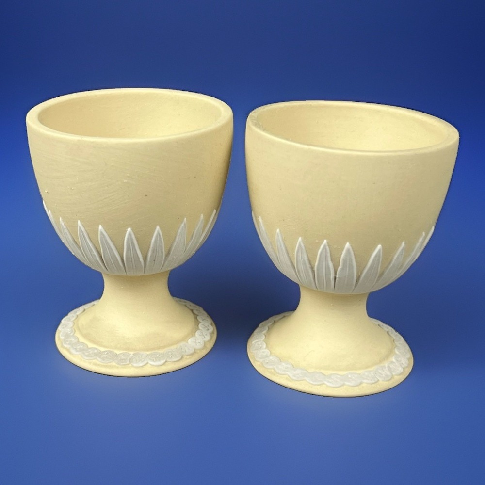 Wedgwood Jasperware Primrose Yellow Egg Cups White Relief Set of 2